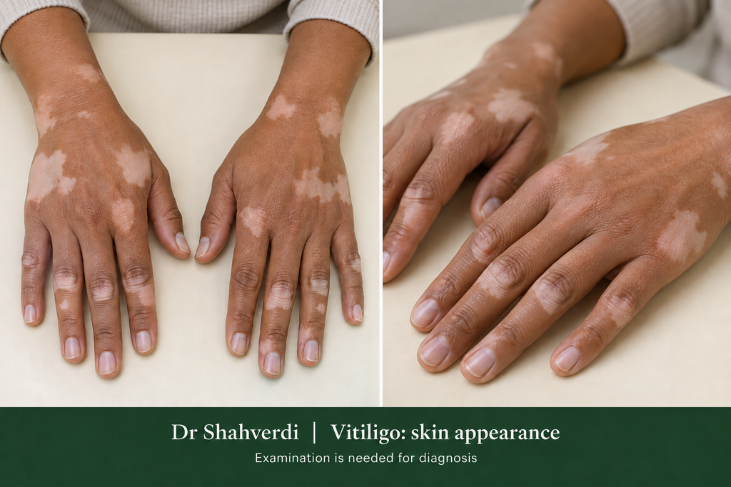 Smooth, sharply defined white patches on the hands and forearms in vitiligo